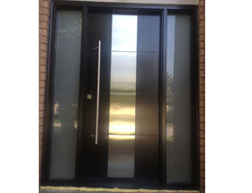 Modern Contemporary Front Entry Door – Frosted Glass and steel plate, Modern Exterior front Door with 2 Side Lites and Multi Point Locks Installed by modern-doors.ca in Toronto, Ontaio
